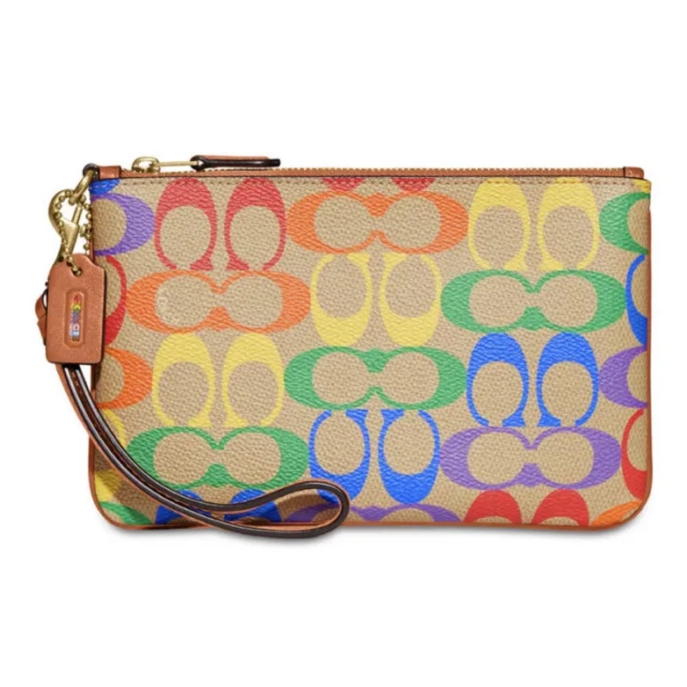 Coach Small Brass/Tan Natural Multi Wristlet In Rainbow Signature Canvas